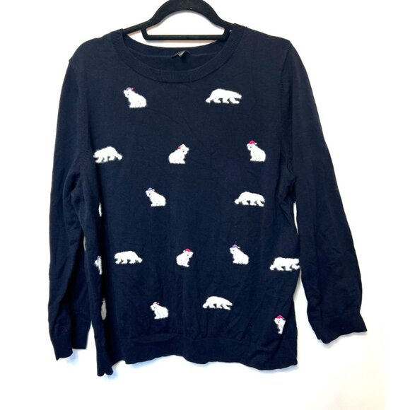 Talbots Navy Blue Crewneck Sweater Winter Polar Bears Pom Pom Hats Size XL - Picture 5 of 12